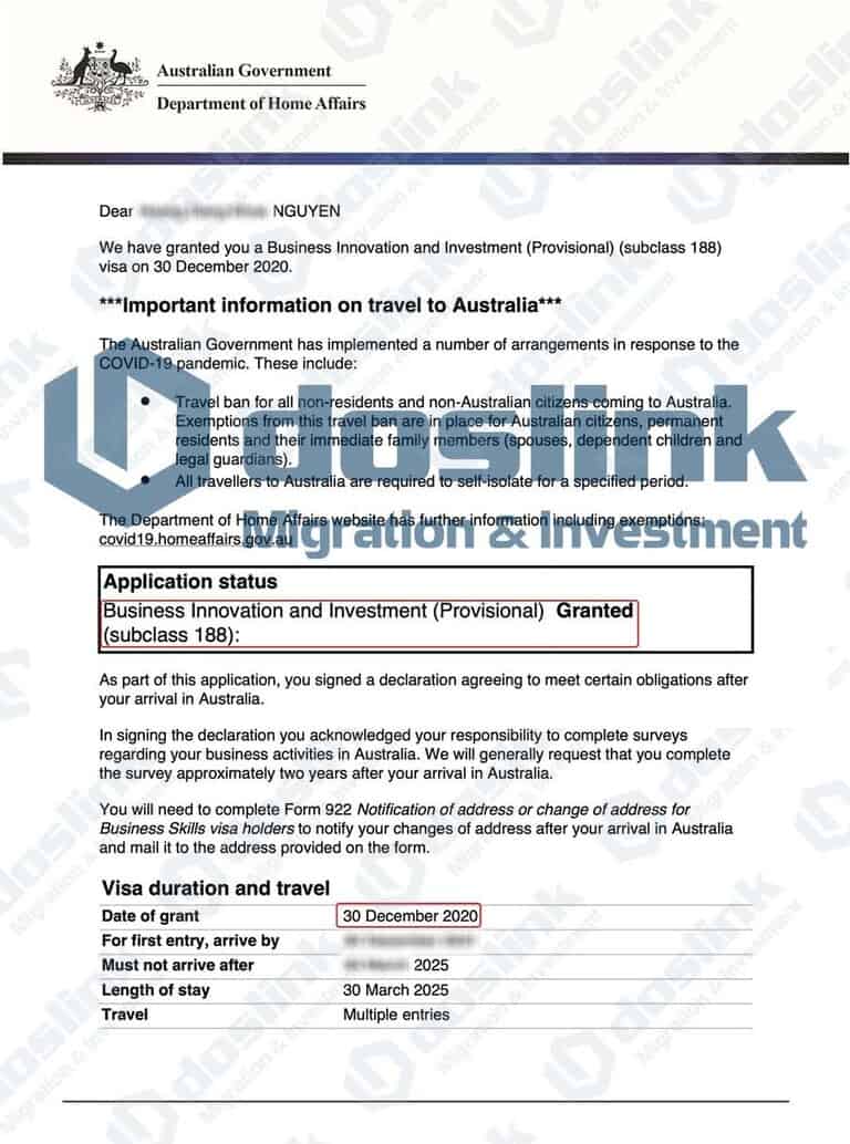 Chúc mừng gia đình KH K... Nguyễn đã được cấp Bảo Lãnh Bang Visa 188A - Doanh Nhân Sáng Tạo Úc theo điều kiện bảo lãnh bang New South Wales (Sydney)