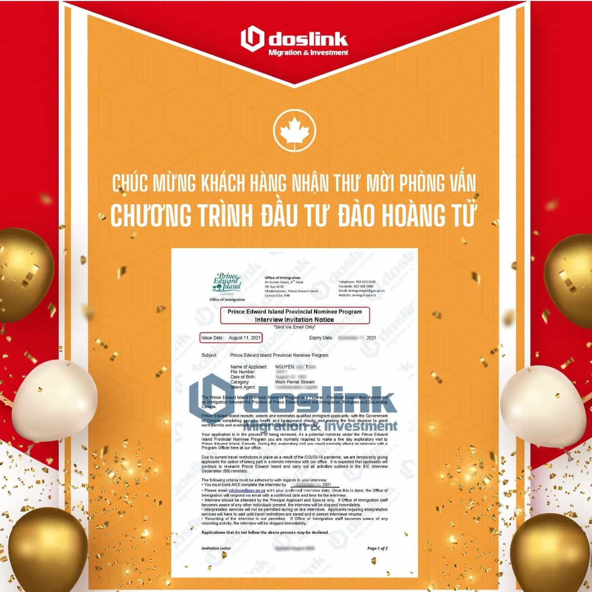 Chúc mừng khách hàng nhận được thư mời phỏng vấn tại PEI
