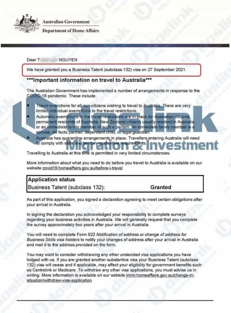 Kết quả visa 132A bang Nam Úc ngày 27/09/2021