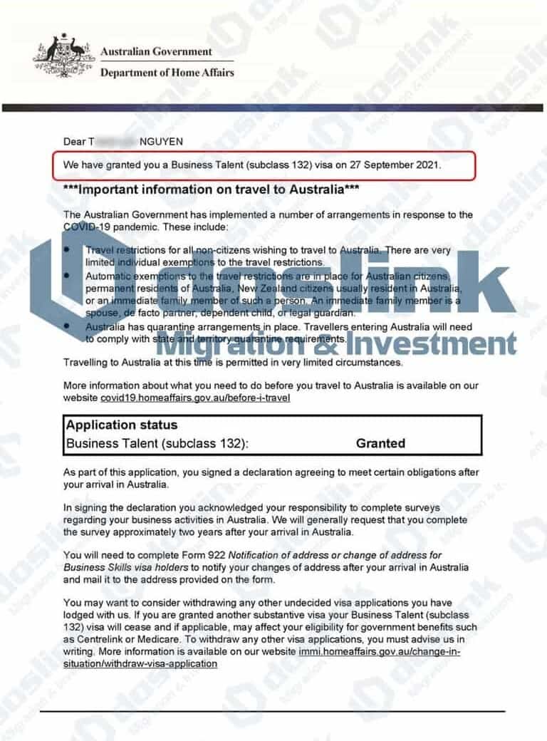 Kết quả visa 132A bang Nam Úc ngày 27/09/2021