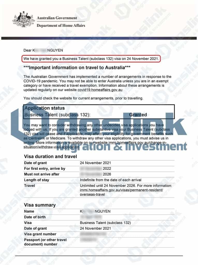 Kết quả visa 132A bang Nam Úc ngày 24/11/2021