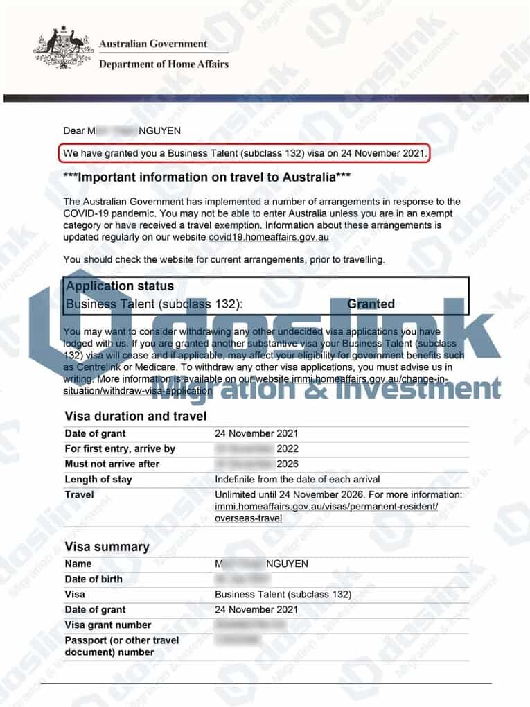 Kết quả visa 132A bang Nam Úc ngày 24/11/2021