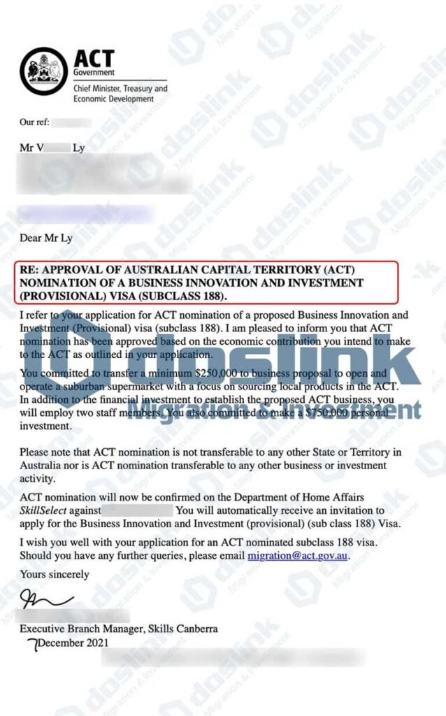 Bảo lãnh bang ACT visa 188A ngày 09 tháng 12 2021
