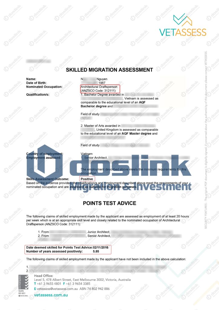Kết quả Skills Assessment (thẩm định chuyên môn) ngành Architectural Draftsperson