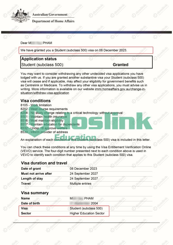 visa 500 Bachelor of Finance and Banking