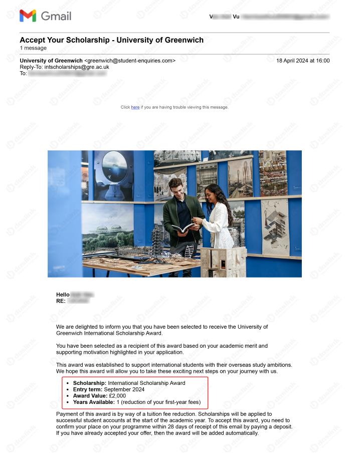 Học bổng V Vũ - Đại học Greenwich Vương Quốc Anh