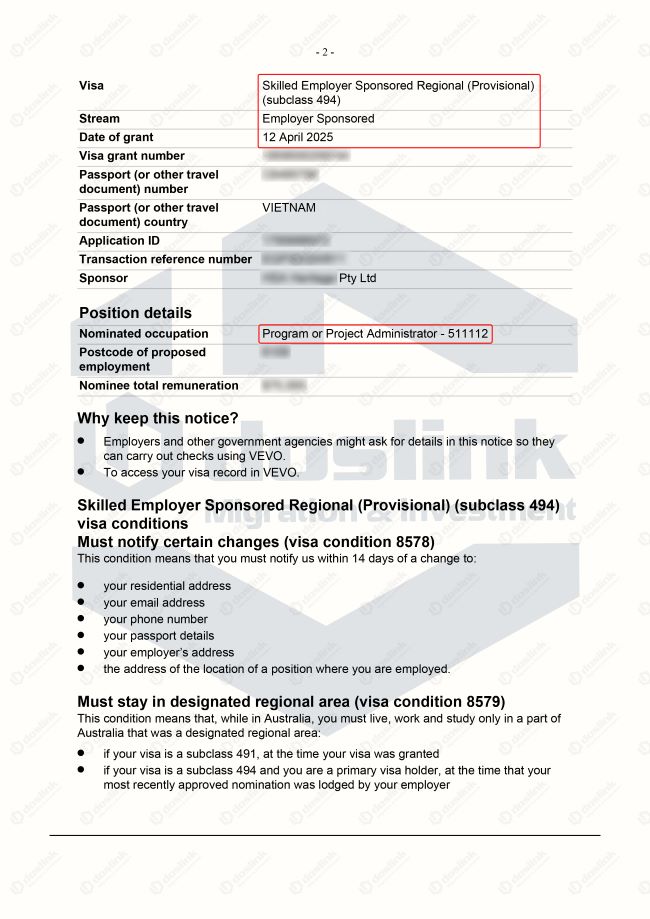 visa 494 nghề program or project administrator