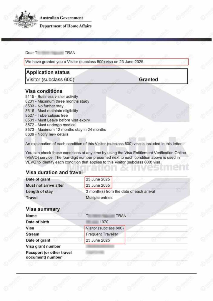 visa du lịch úc 10 năm - T. Trần