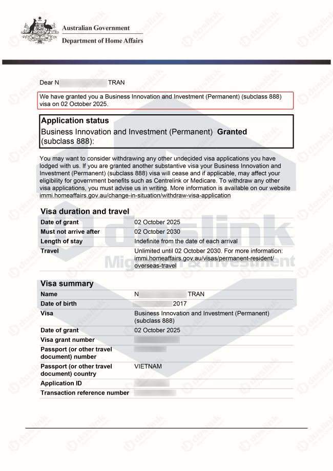 kết quả visa 888B Tây Úc - Mrs T. Nguyễn