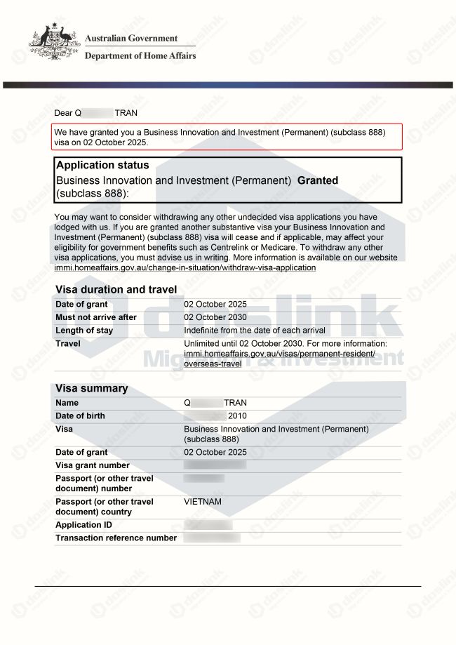 kết quả visa 888B Tây Úc - Mrs T. Nguyễn