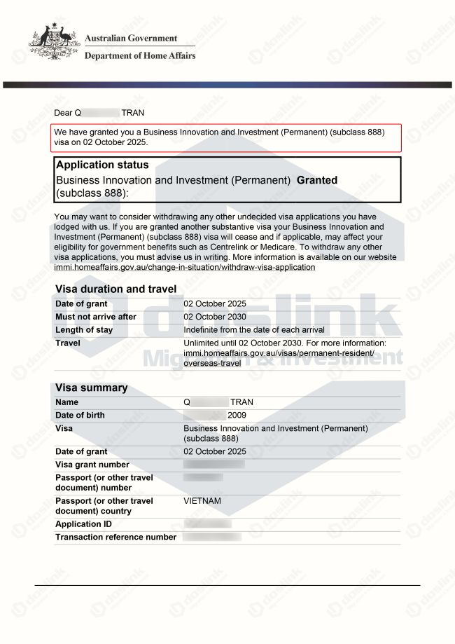 kết quả visa 888B Tây Úc - Mrs T. Nguyễn