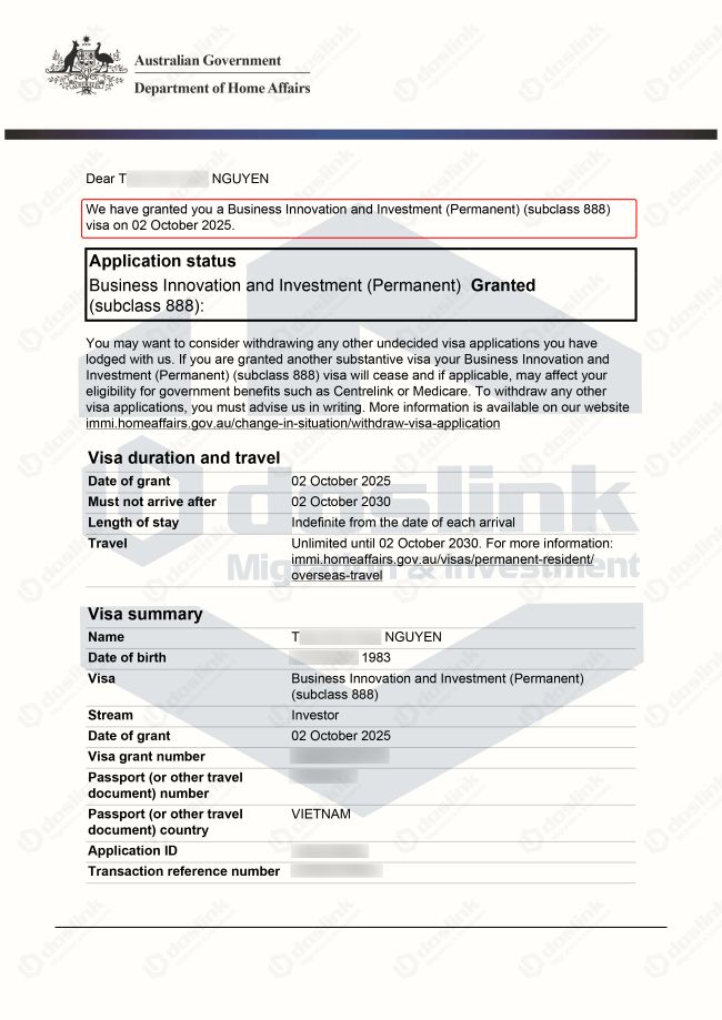 kết quả visa 888B Tây Úc - Mrs T. Nguyễn