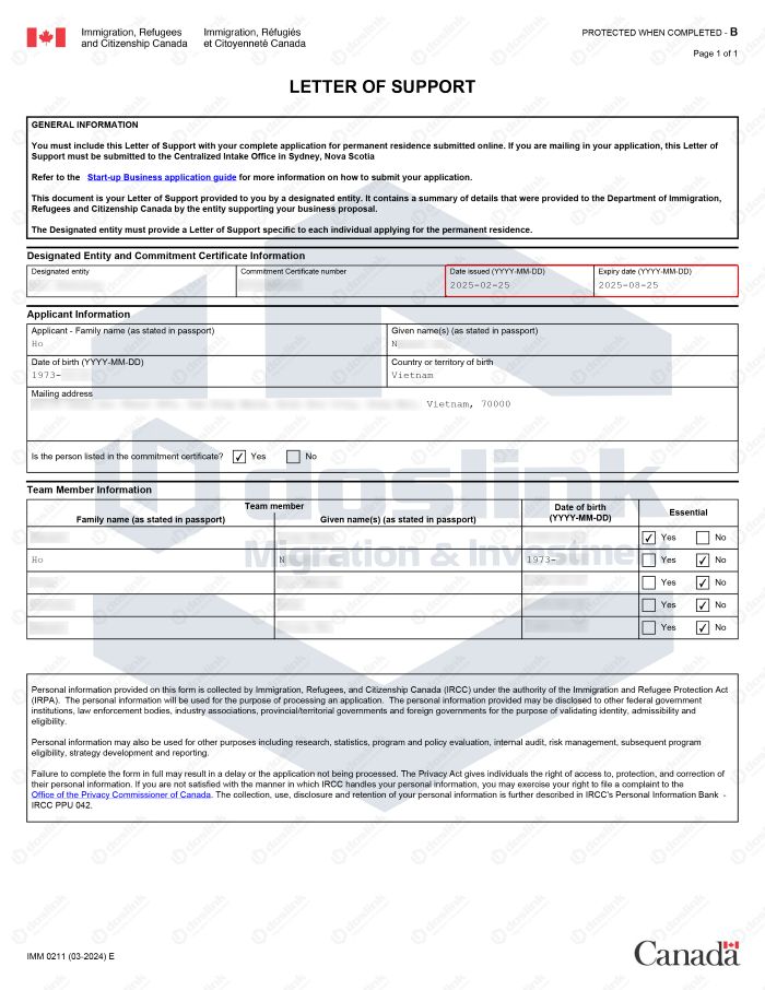 Letter of Support diện Start-up Visa Canada KH N. Hồ