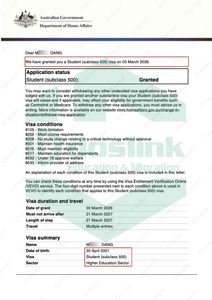 Case study - kết quả visa du học Úc - M.Đặng